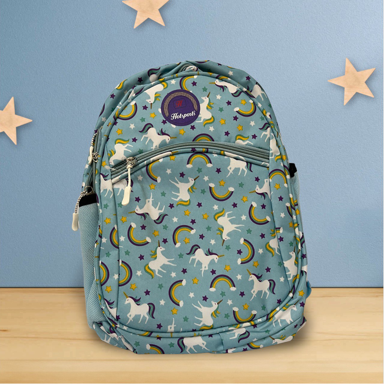 school bag on top of the desk with stars background